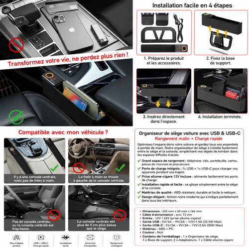 Organisateur de siège voiture avec USB & USB-C – Rangement intelligent