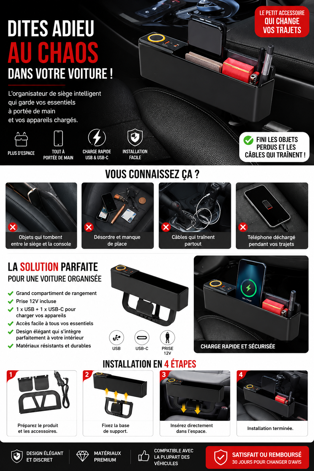 Organisateur de siège voiture avec USB & USB-C – Rangement intelligent